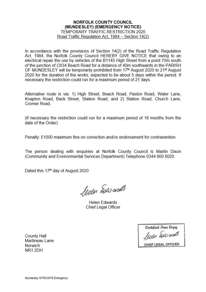 Emergency road closure in the Parish of Mundesley - Electrical repairs