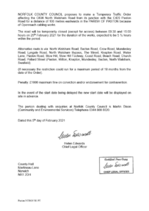Temporary closure of North Walsham Road in the parish of Paston - Openreach cabling works (NTRO3785)