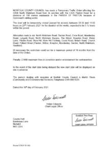 Temporary closure of North Walsham Road in the parish of Paston - Openreach cabling works (NTRO3785)