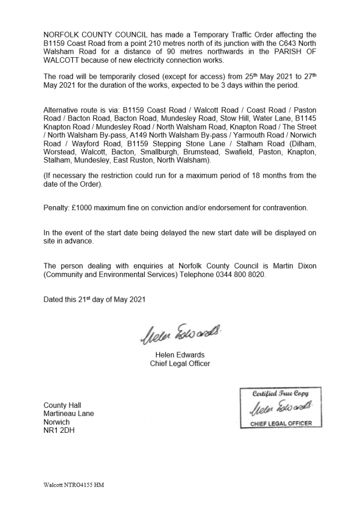temporary closure of B1159 Coast Road in the Parish of Walcott - new electrical connection (my ref NTRO4155)